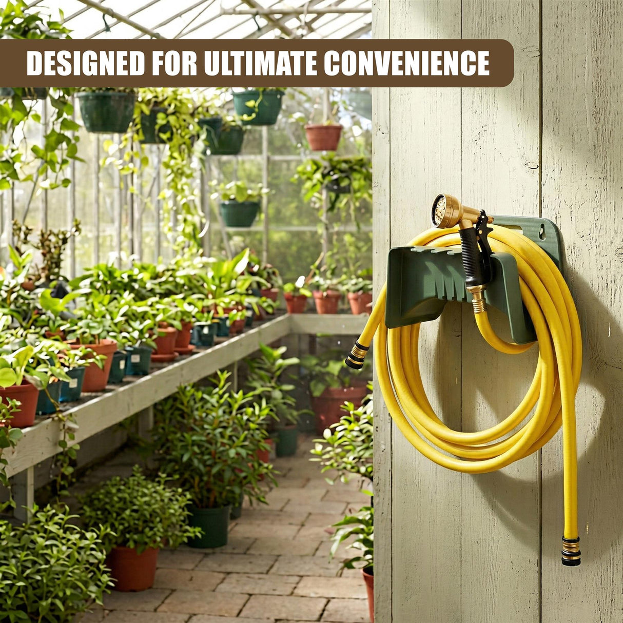 The mounted green holder stores a coiled yellow garden hose near a spigot on the wall.