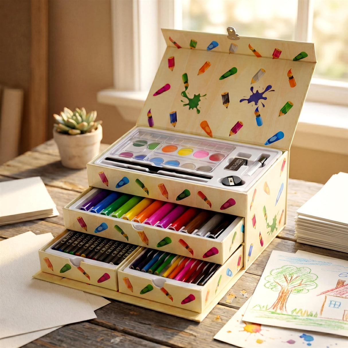 Tiered wooden art set containing colored pencils, markers, and a paint palette.