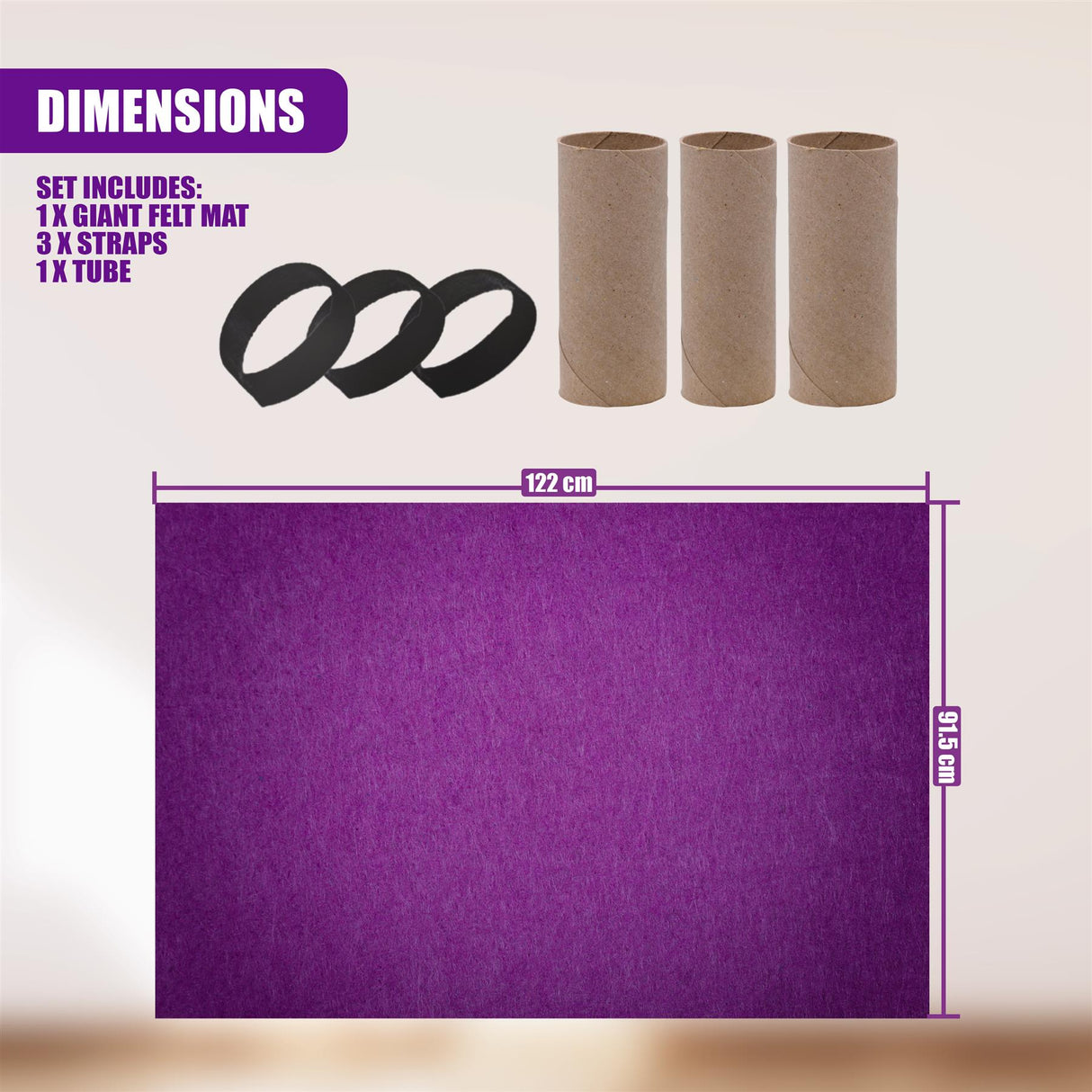 Diagram showing a large purple mat, three tubes, and three black straps, illustrating set components.