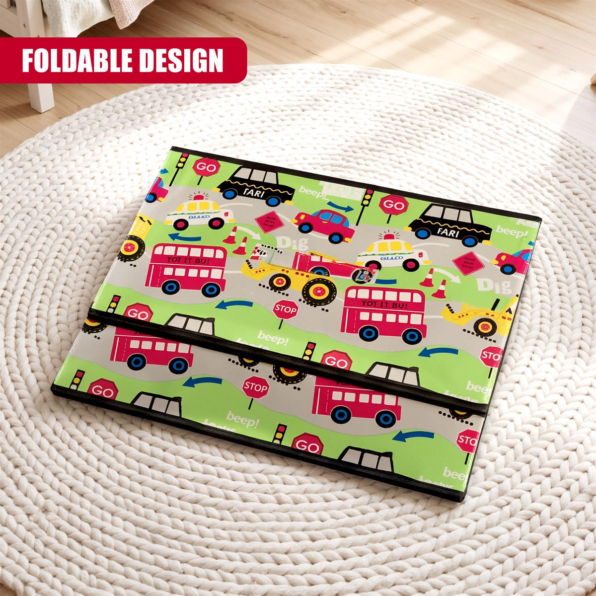 Foldable Road Works Large Storage Box from The Magic Toy Shop, featuring a road-themed design with buses and tractors on a