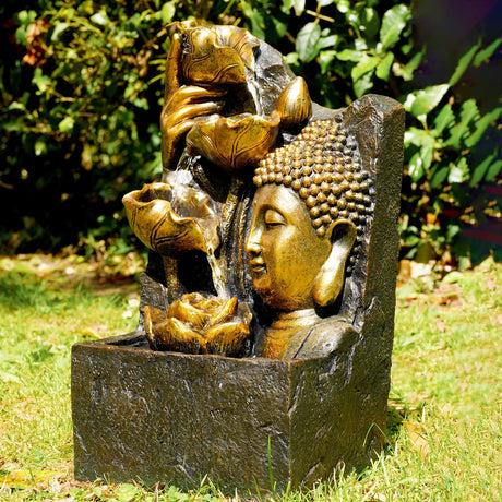 Buddha Head Solar Water Feature Outdoor With LED by GEEZY - UKBuyZone