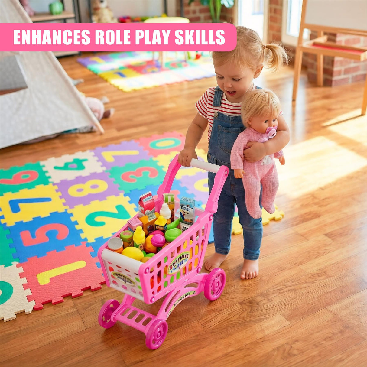 "Small child playing with pink shopping cart filled with play food." - UKBuyZone