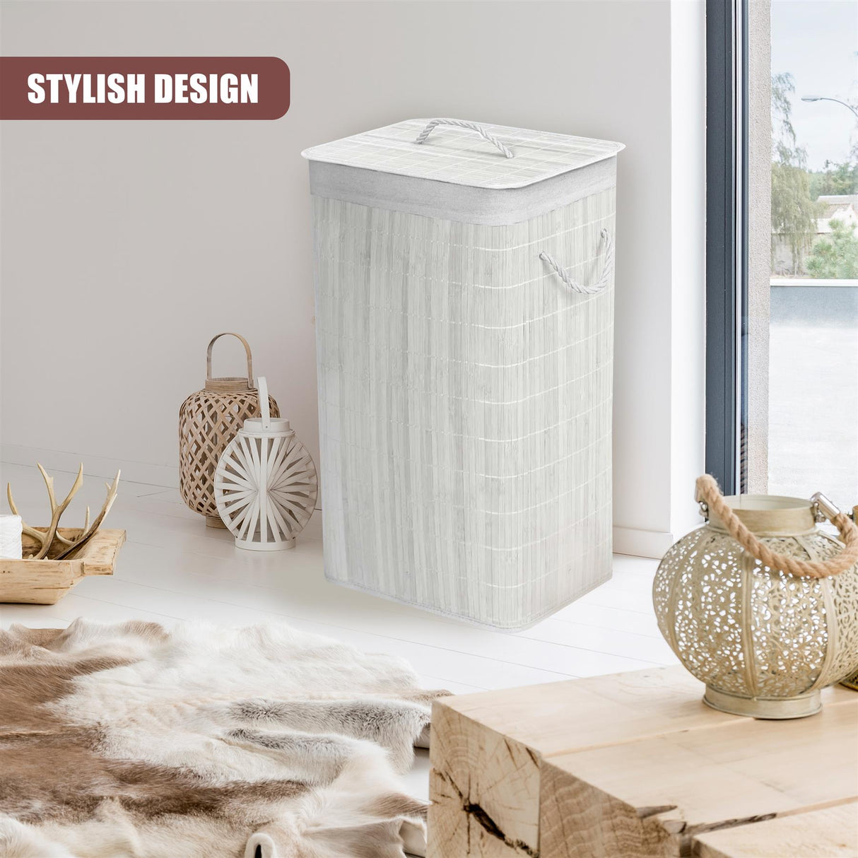 Rectangular Bamboo Laundry Hamper with Lid, White by GEEZY - UKBuyZone