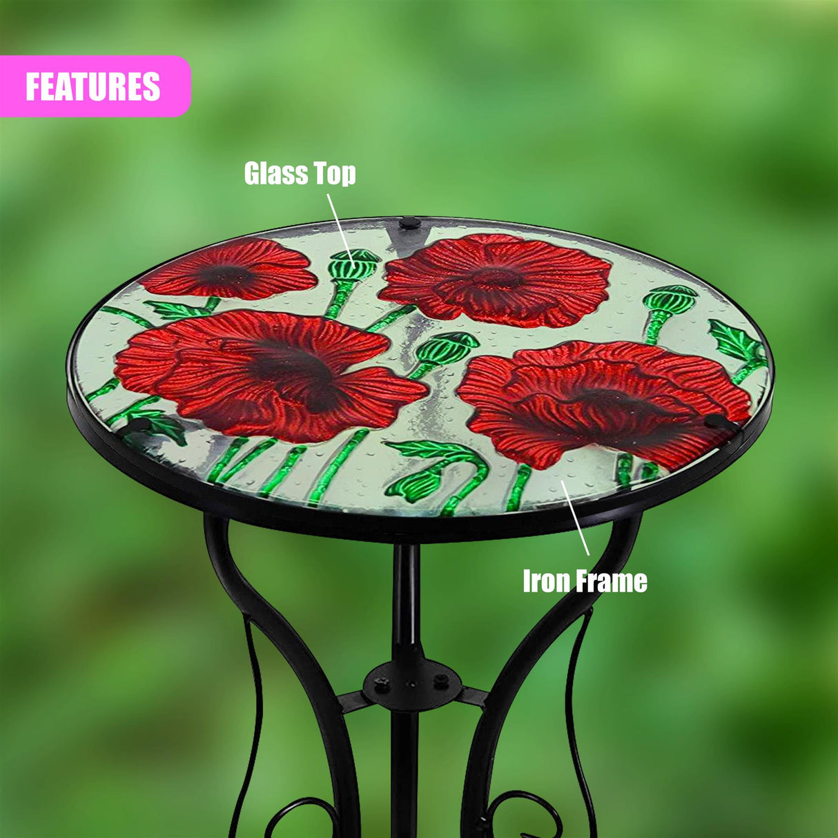 Round Side Mosaic Garden Table With Poppies Design by Geezy - UKBuyZone