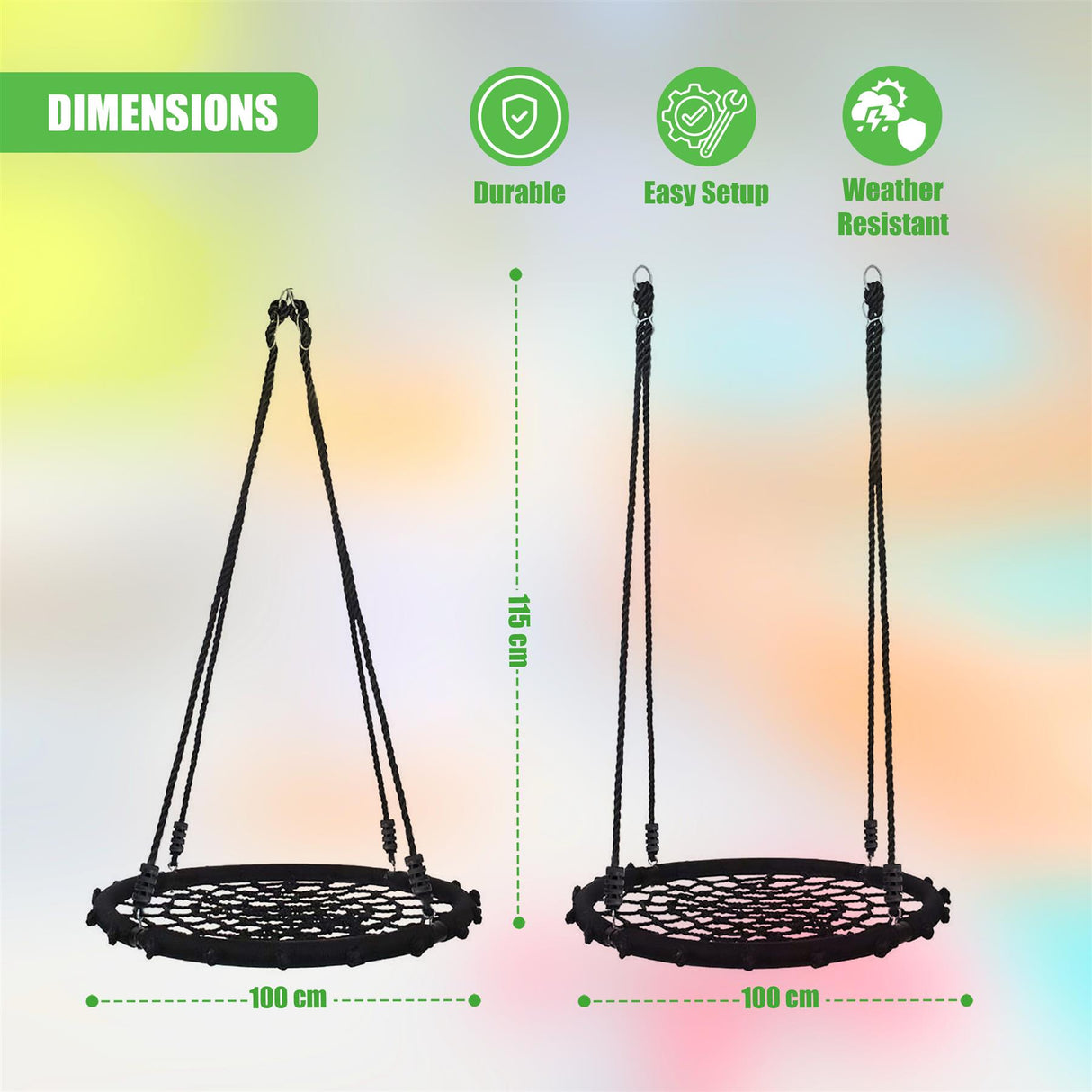 Two black suspended nest swings are shown, each measuring 100 cm wide and 115 cm tall.