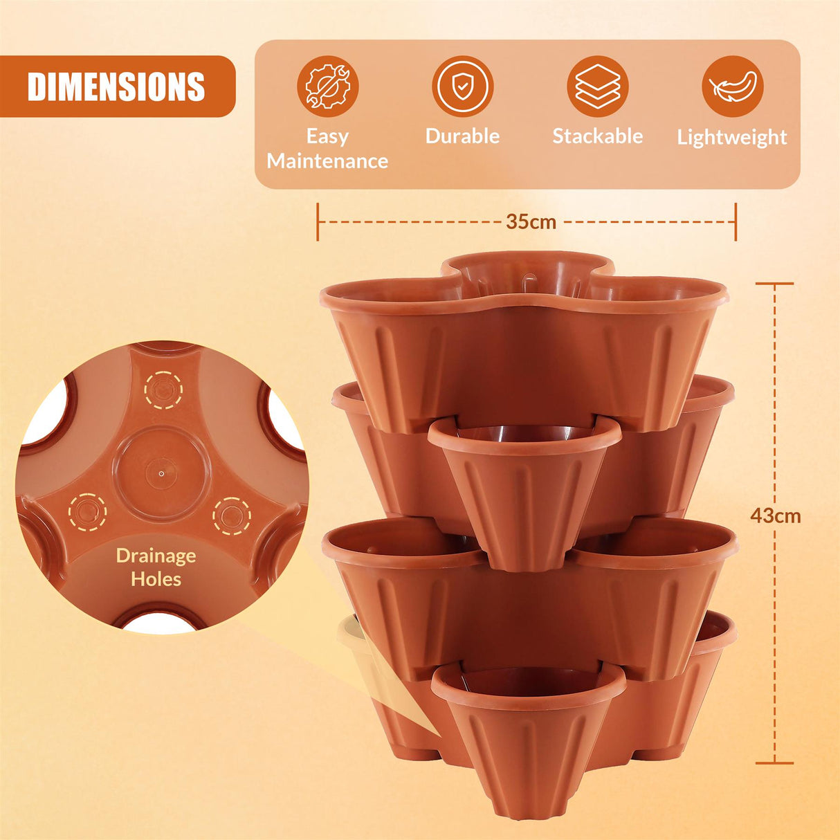 "A versatile, stackable strawberry planter set with a total of 7 planters, including 4 drainage holes on each base. Perfect for growing strawberries or other small plants. Stack them together for a compact and organized garden." - UKBuyZone