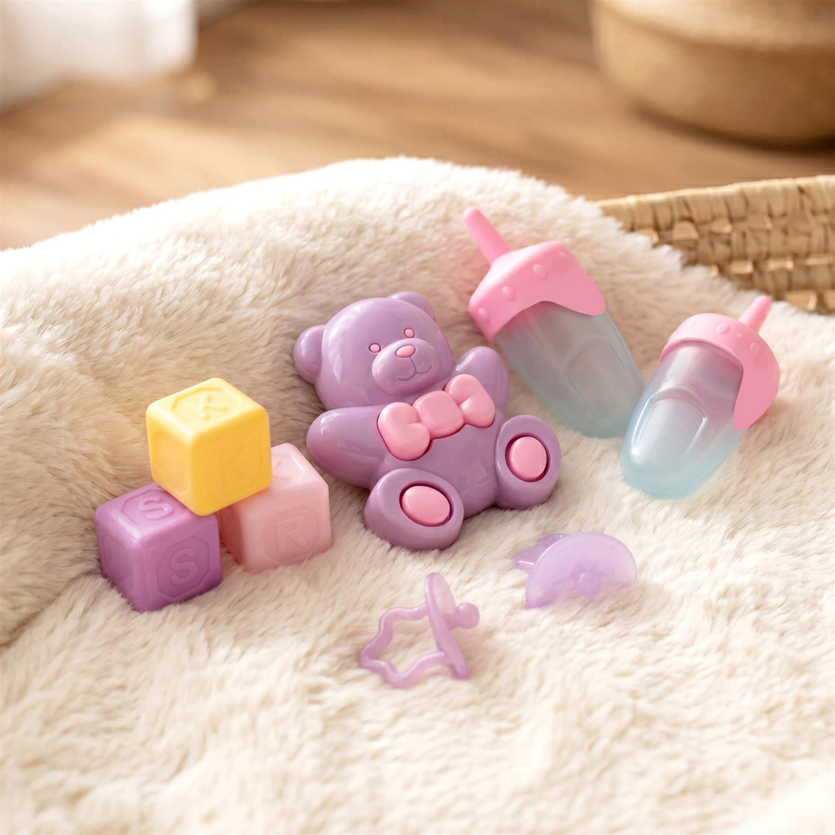 Grouping of bear toy, stacked cubes, bottles, and small baby accessories on a fluffy beige surface.