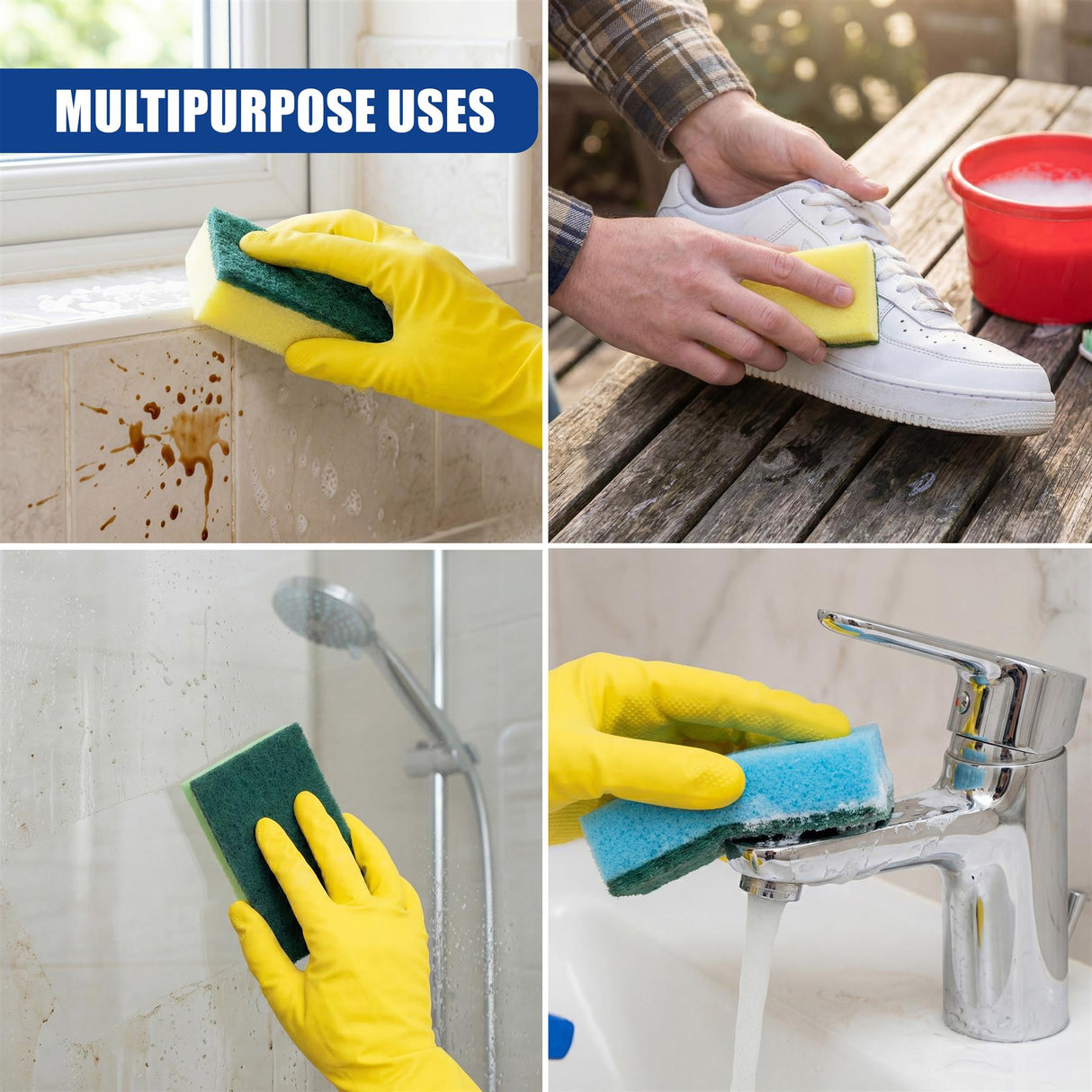Cleaning sponges are shown scrubbing tiles, faucets, and athletic footwear surfaces.