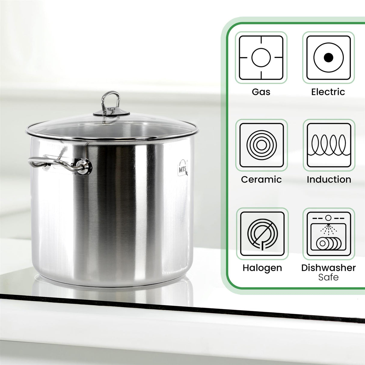 A stainless steel pot with a lid, sitting on a stovetop, with a white background. The pot has a handle on the side and a metal loop on top for lifting. - UKBuyZone