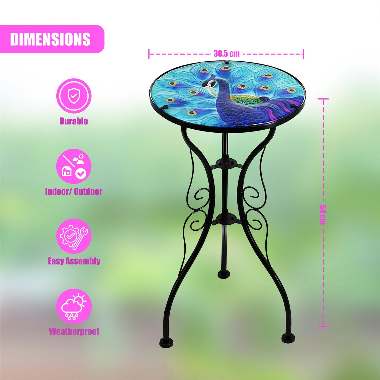 Round Side Mosaic Garden Table With Blue Peacock Design by Geezy - UKBuyZone