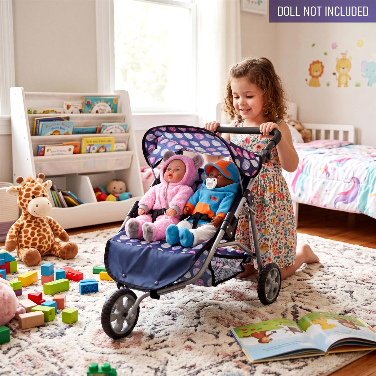 3 Wheeler Twin Doll's Pushchair, Blue