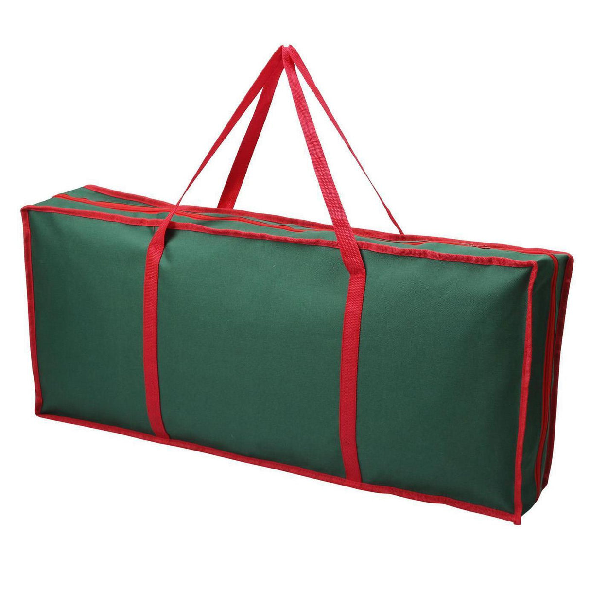 A green and red storage bag with a handle, featuring a rectangular shape and a flat bottom, designed for storing and carrying Christmas decorations. - UKBuyZone