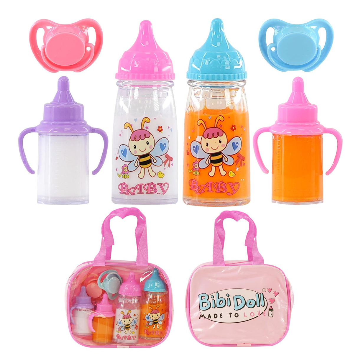 A collection of baby accessories including bottles, pacifiers, feeding containers, and a carrying case.