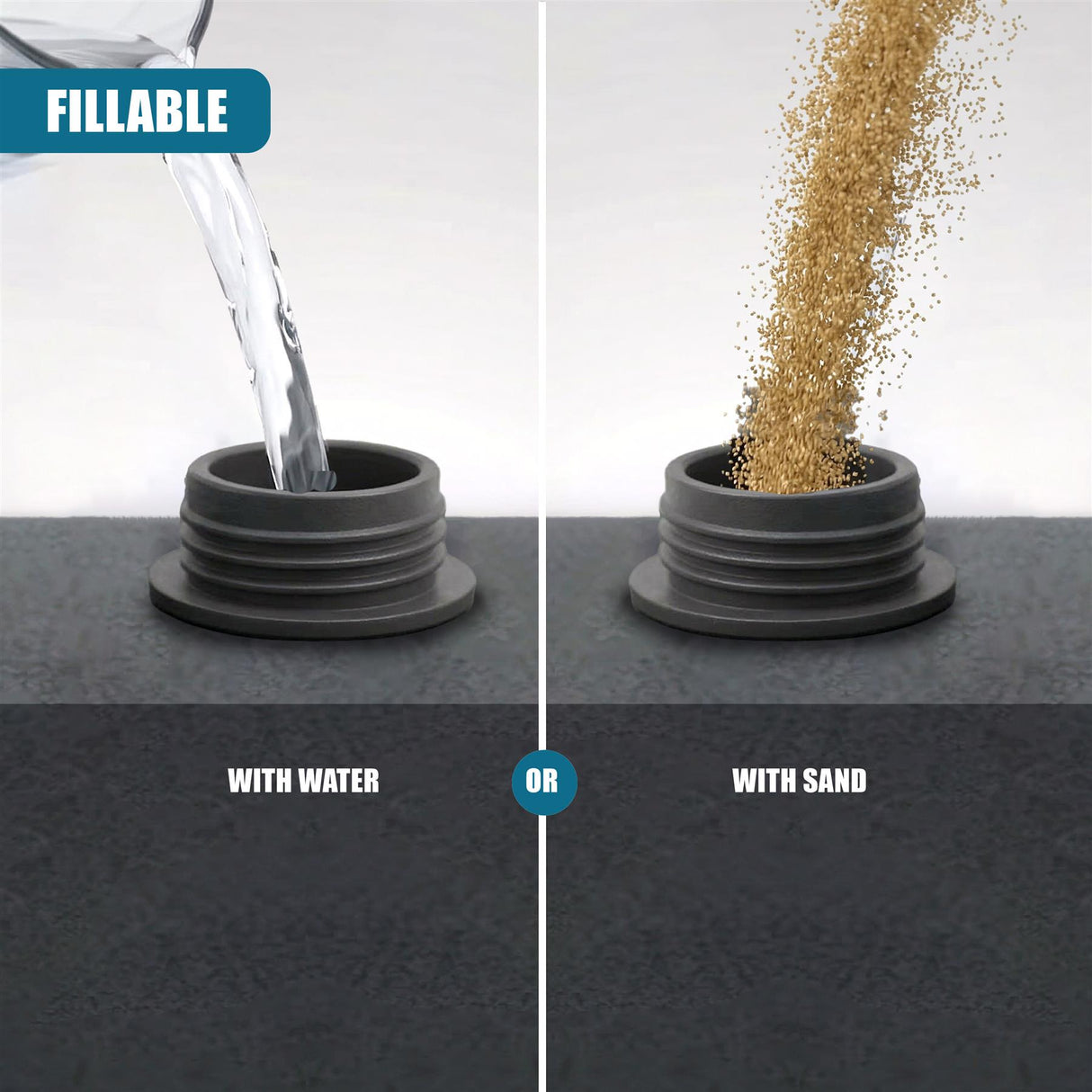 Two views showing the square base accepting either flowing water or pouring fine sand.