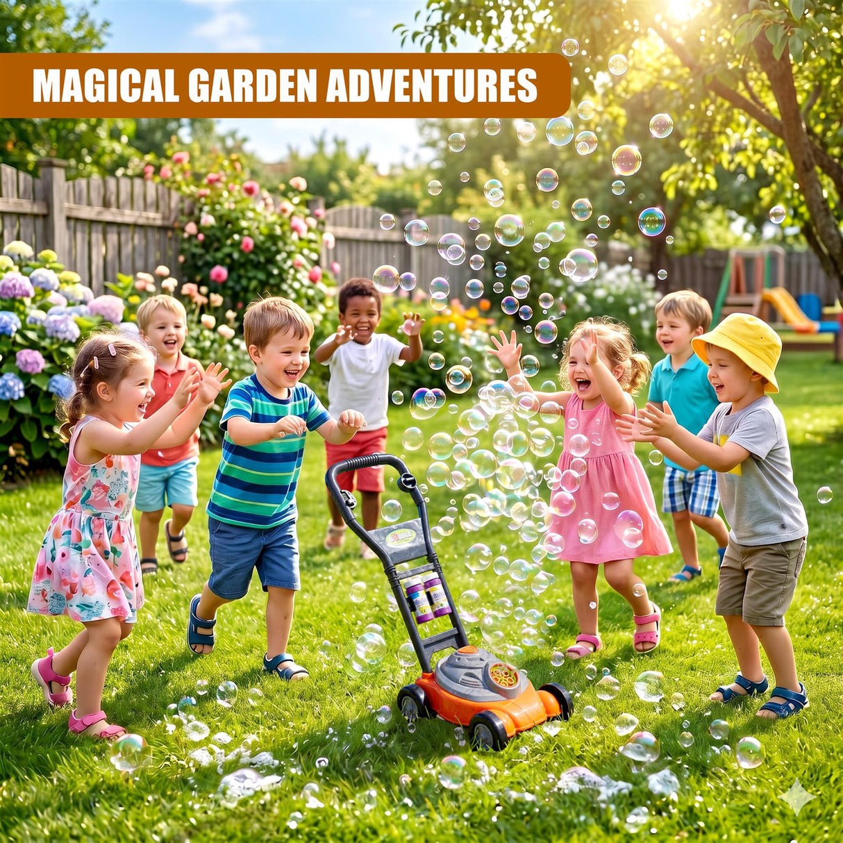 Orange bubble mower sits on the grass while multiple children play among floating soap bubbles.