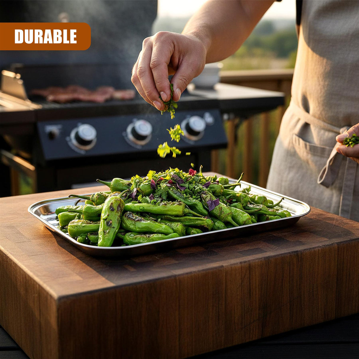Metal tray holds grilled green vegetables and herbs on a wooden surface near a barbecue grill.