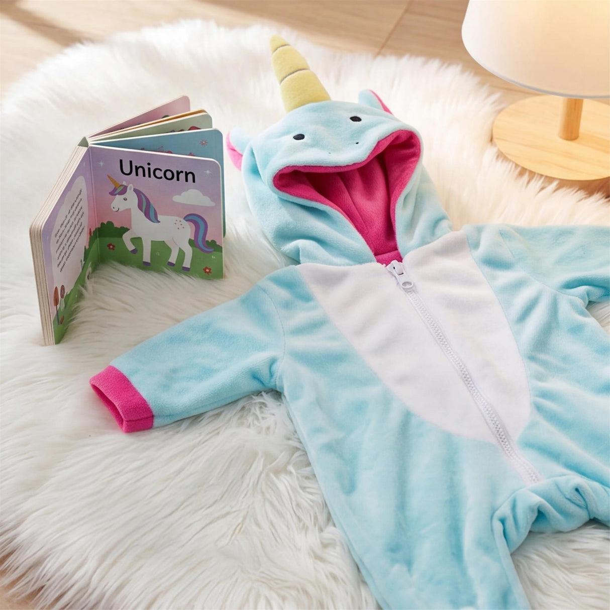 Soft blue and pink zip-up doll outfit displayed near opened unicorn books and a matching headpiece.