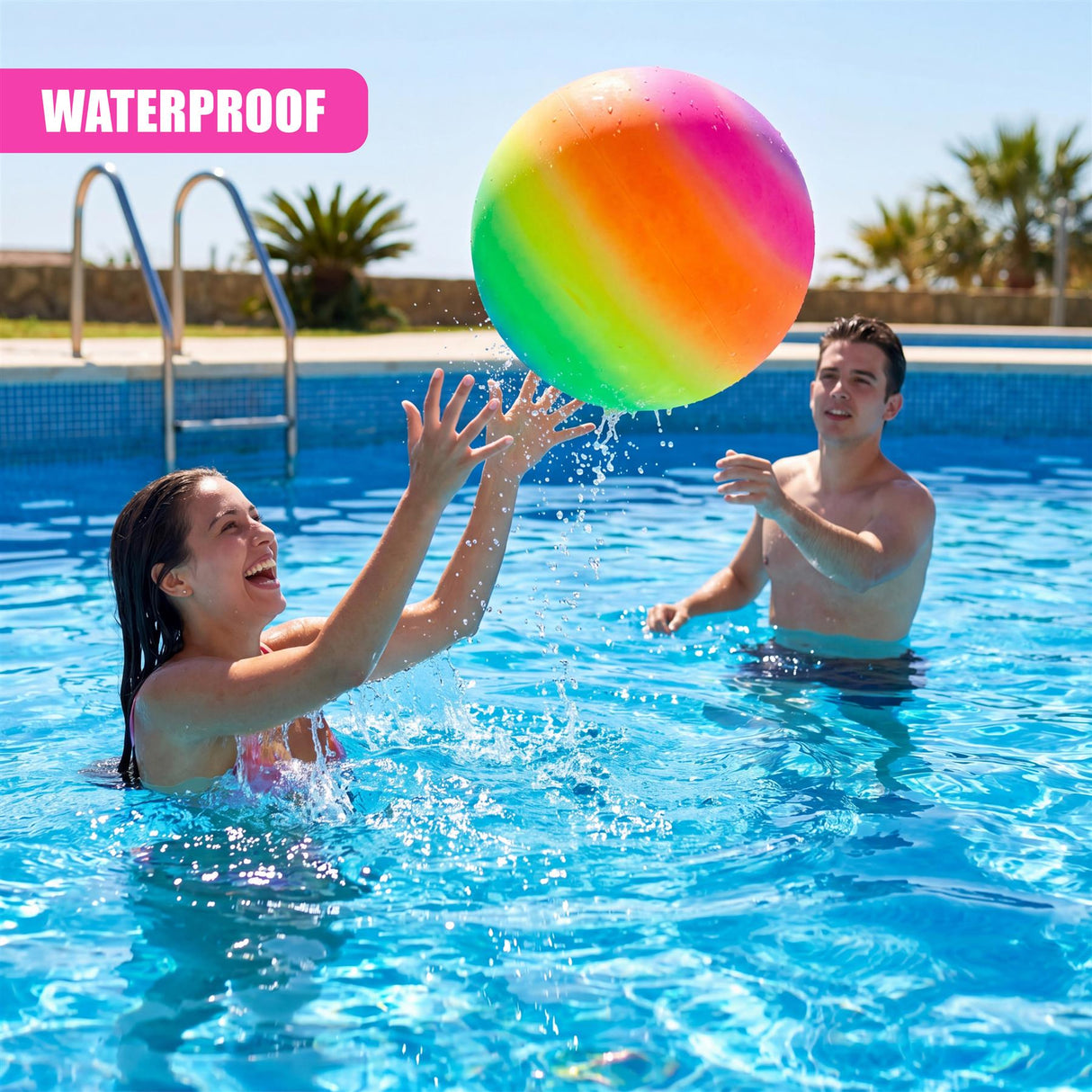 Two people in a swimming pool splashing near a colorful, inflatable ball.