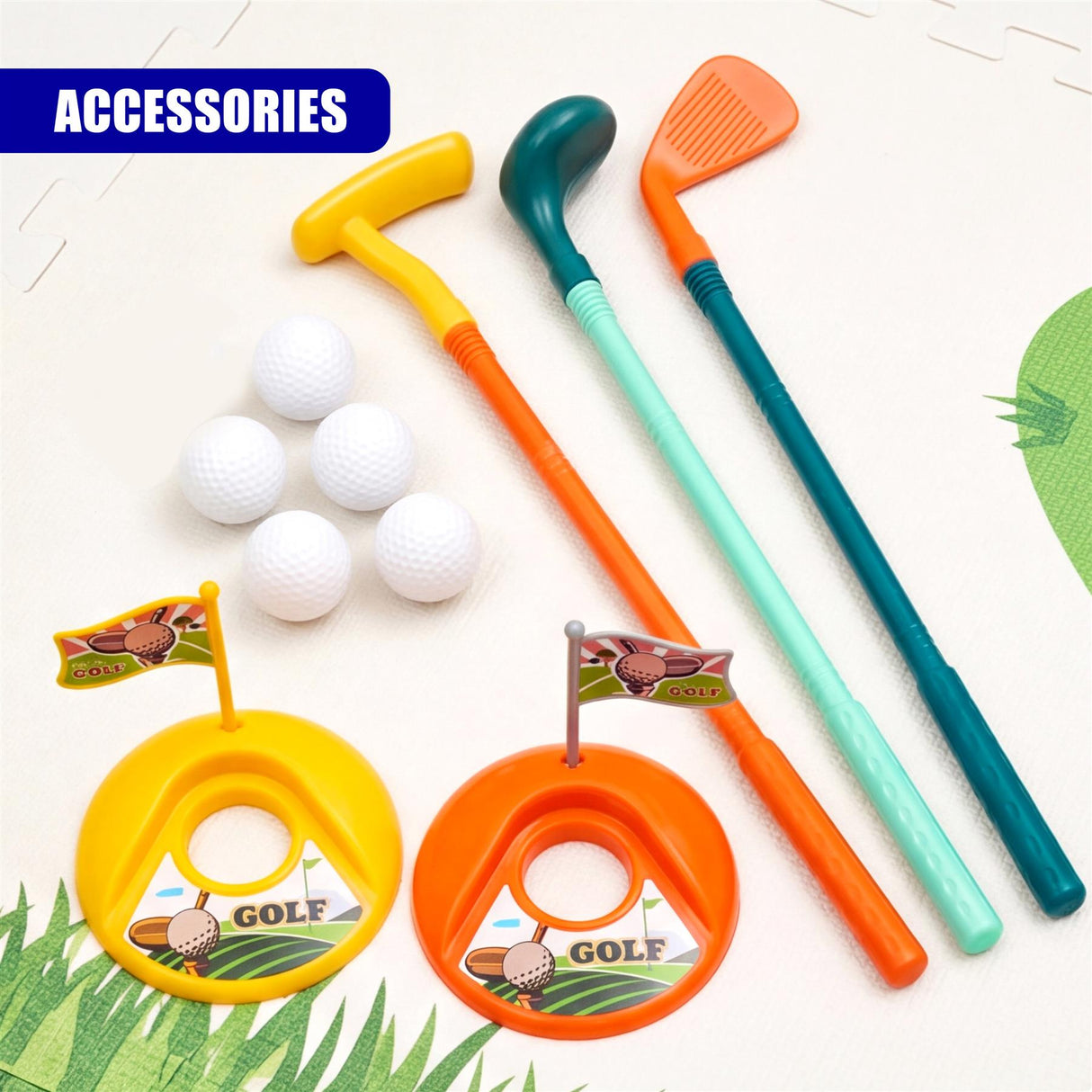 Three colored clubs, five white golf balls, and three plastic circular practice targets are arranged for play.