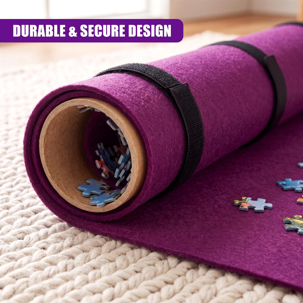 Rolled purple puzzle mat, open end showing interlocking pieces on a textured beige surface.