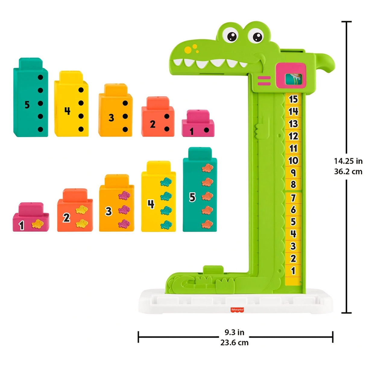 Green alligator counting toy with integrated number counter and several numbered stacking blocks.