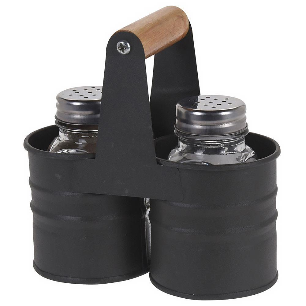 A black metal caddy with a wooden handle, containing two small glass bottles with metal lids, one with a salt shaker and the other with a pepper shaker. - UKBuyZone