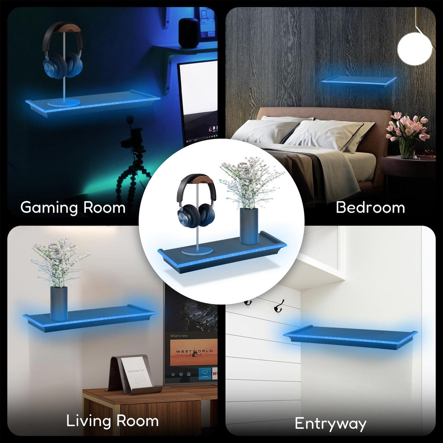 Black Floating Shelves with LED Neon Lights by GEEZY - UKBuyZone