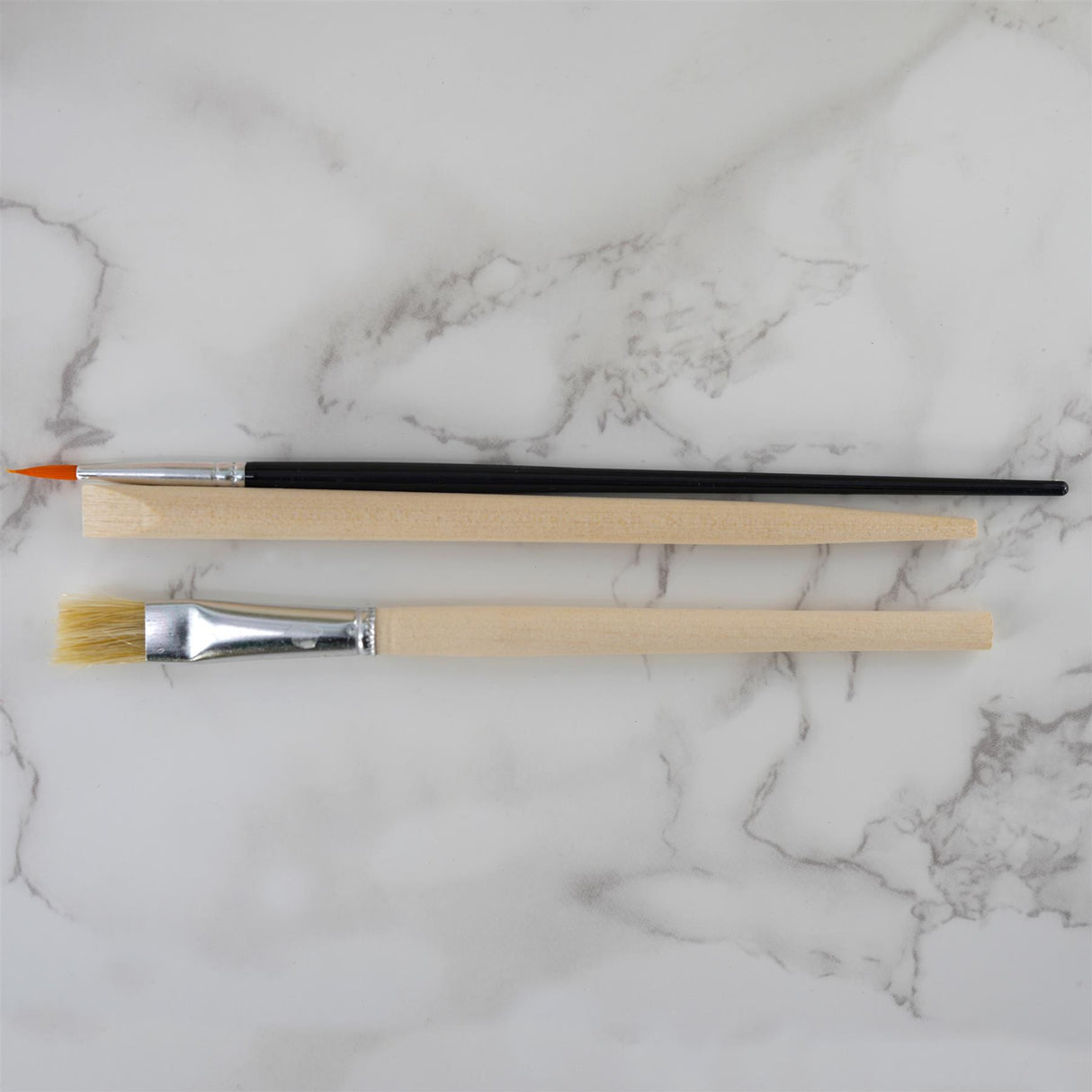 Two excavation tools, including a probe and a paintbrush, rest on a marbled surface.