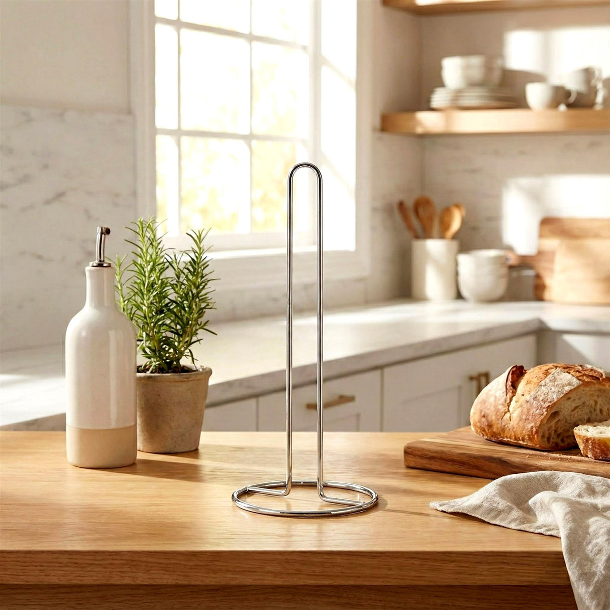 "Kitchen Roll Holder on a countertop, with bread and potted plant in background." - UKBuyZone