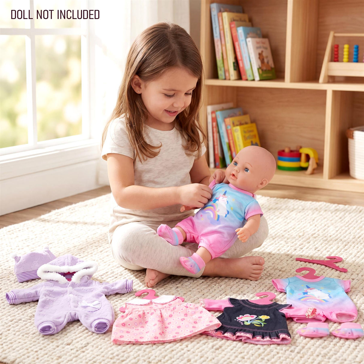 Set of six doll clothes, including pants, skirts, and tops, arranged on a light rug.