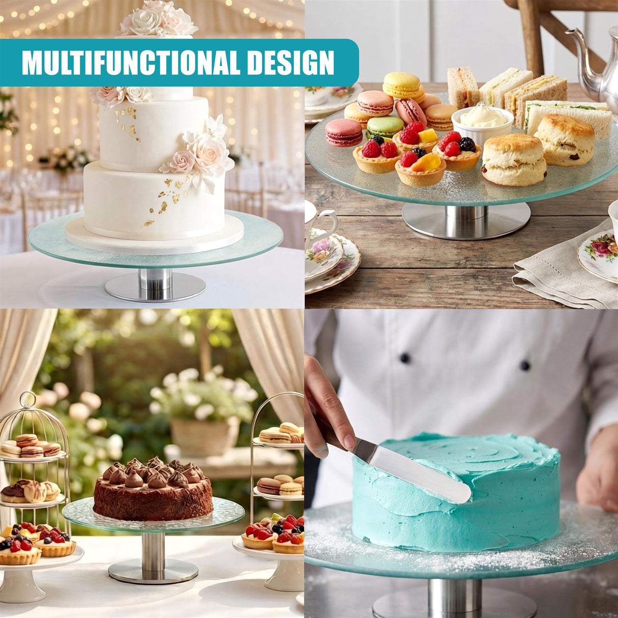 Multi-level glass cake stand holding various desserts, pastries, and stacked baked goods.