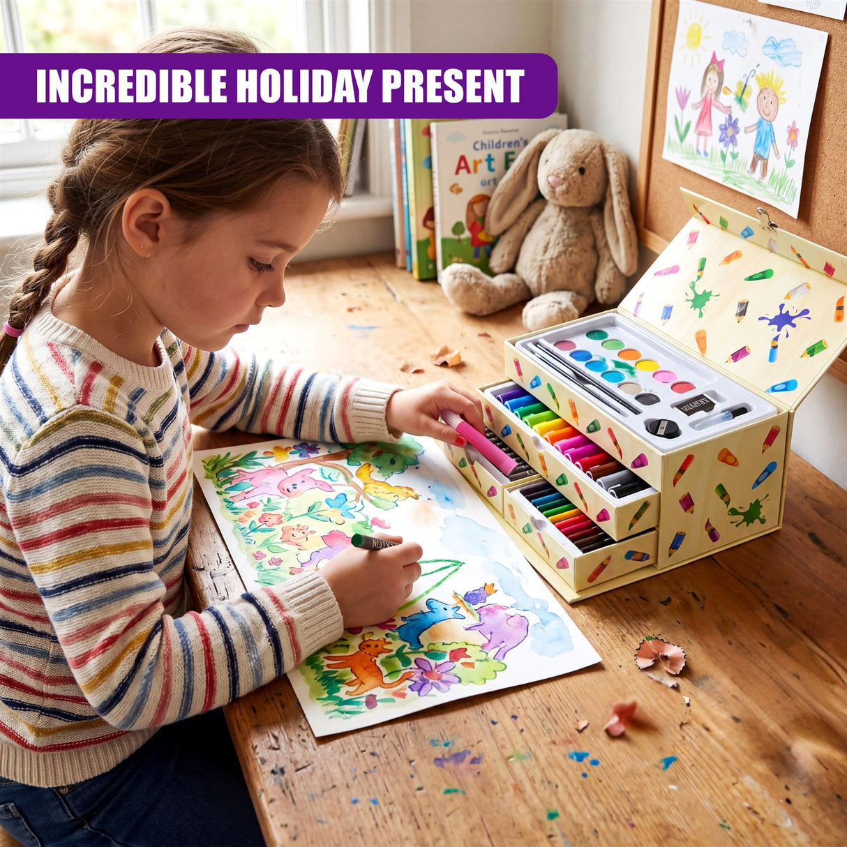 Open wooden art set containing markers, pencils, and crayons near a drawing page.