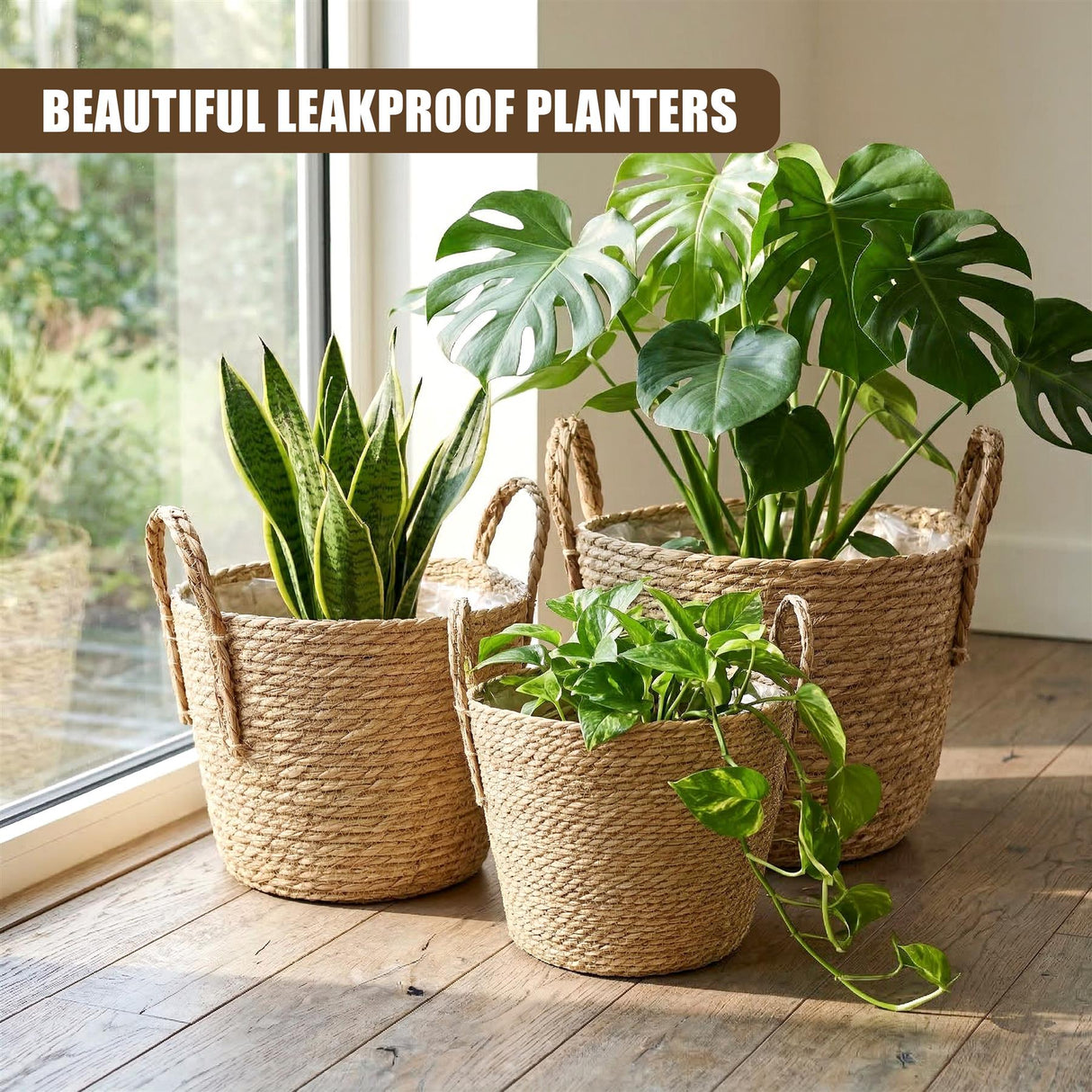 Set of 3 Wicker Planters with Handles