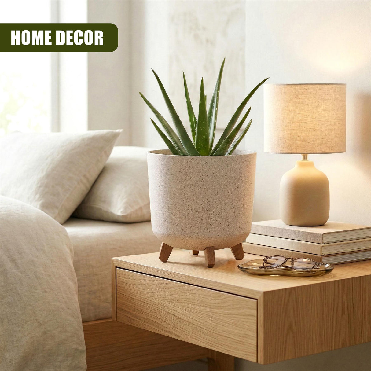 Beige planter pot with small wooden legs holds a tall green succulent on light wood furniture.