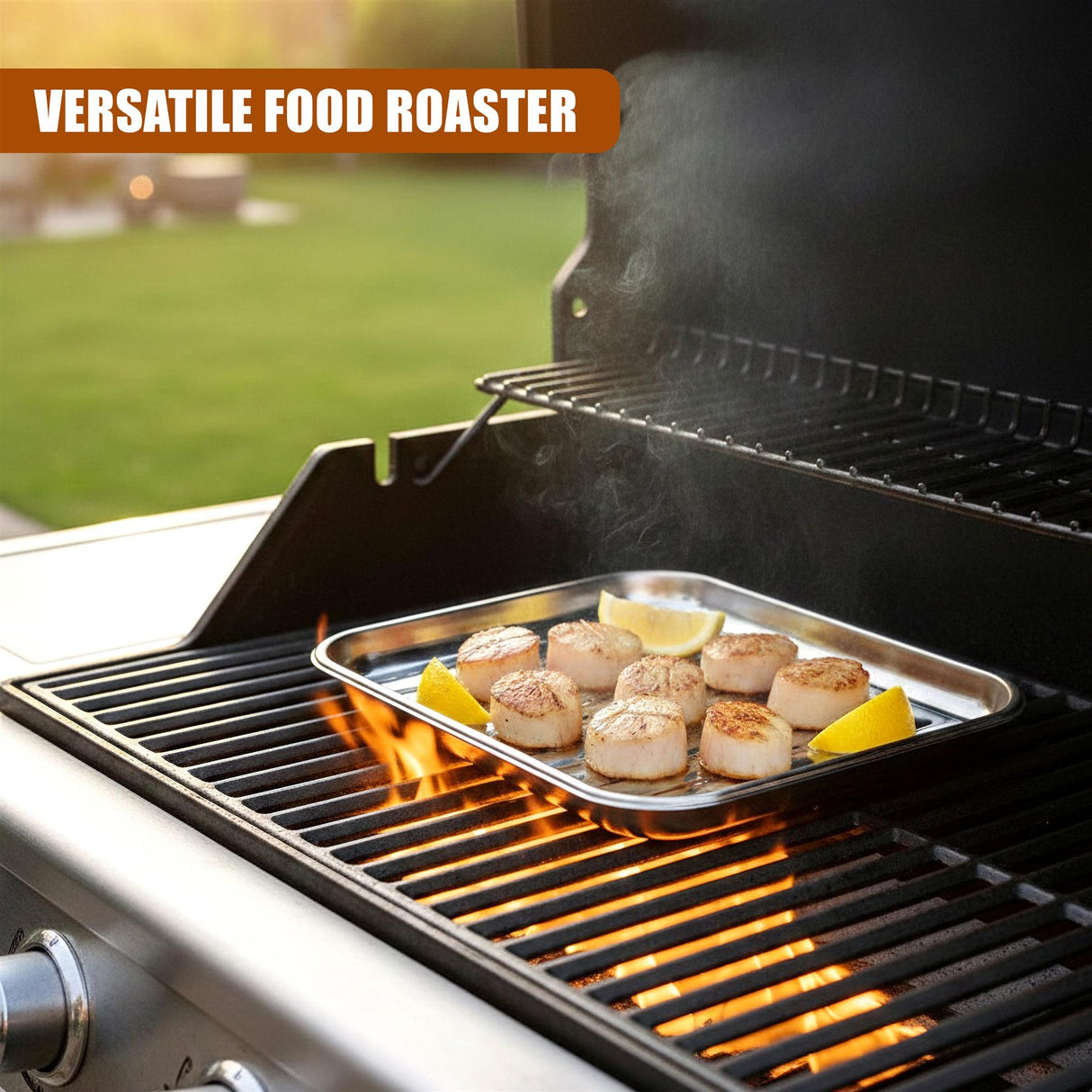 Cooked round food and yellow slices rest on a metal tray positioned on the grill grate.
