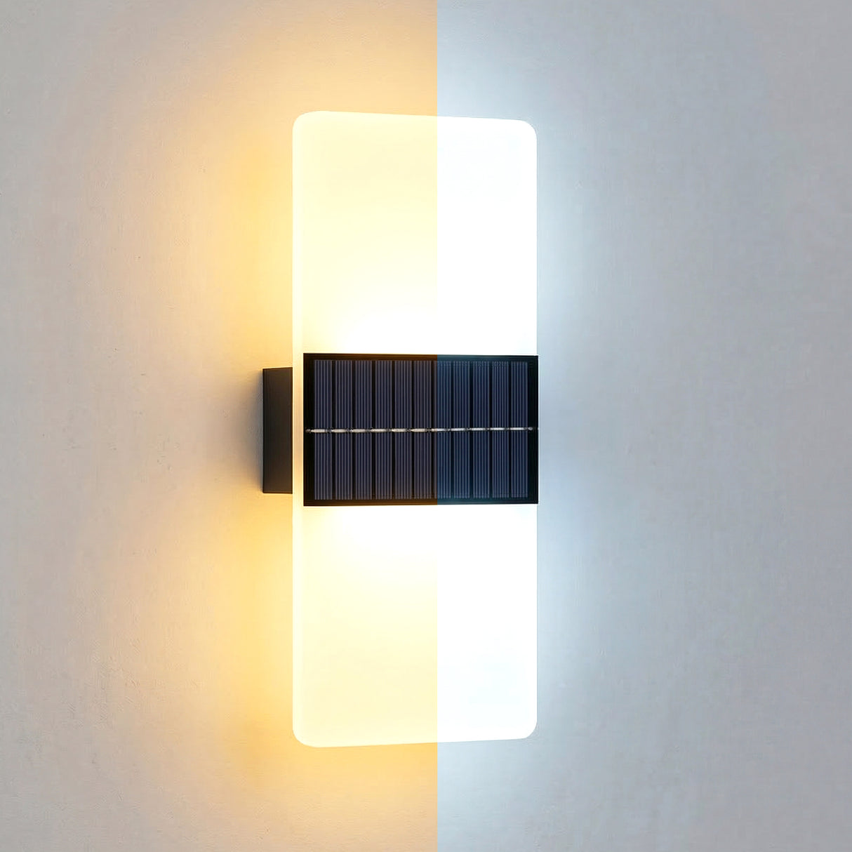 Horizontal wall light featuring illuminated acrylic panels and a dark rectangular accent module.