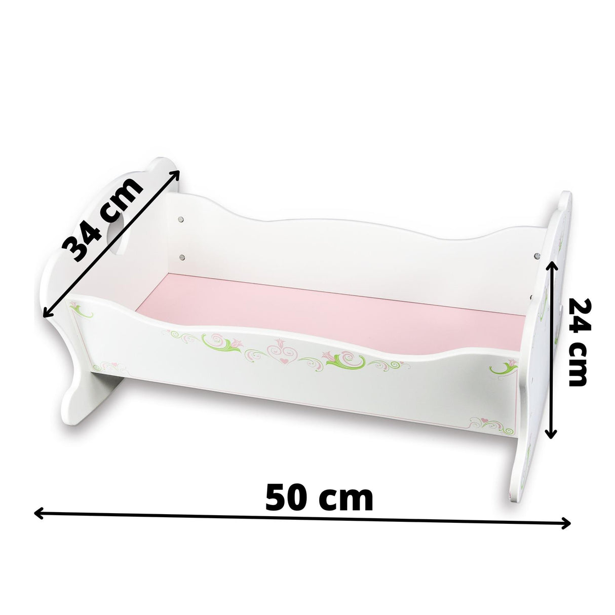 Oval white doll cradle with curved edges and a pale pink interior lining. Dimensions shown are 50 by 34 cm.