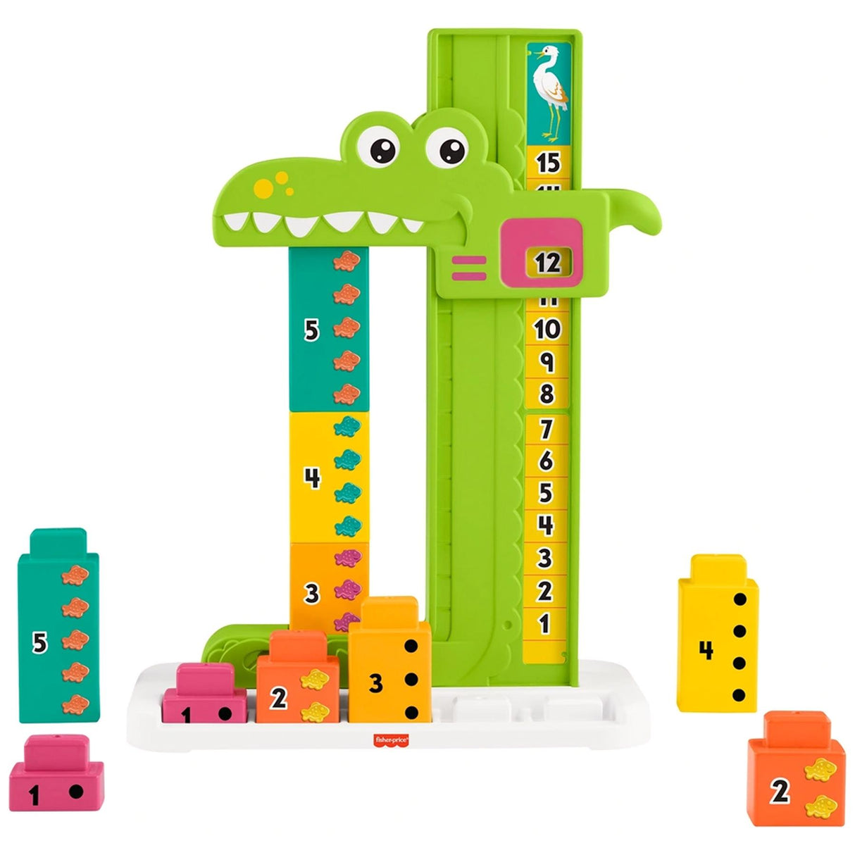 A green alligator playset features a number column and several detachable colorful counting blocks.