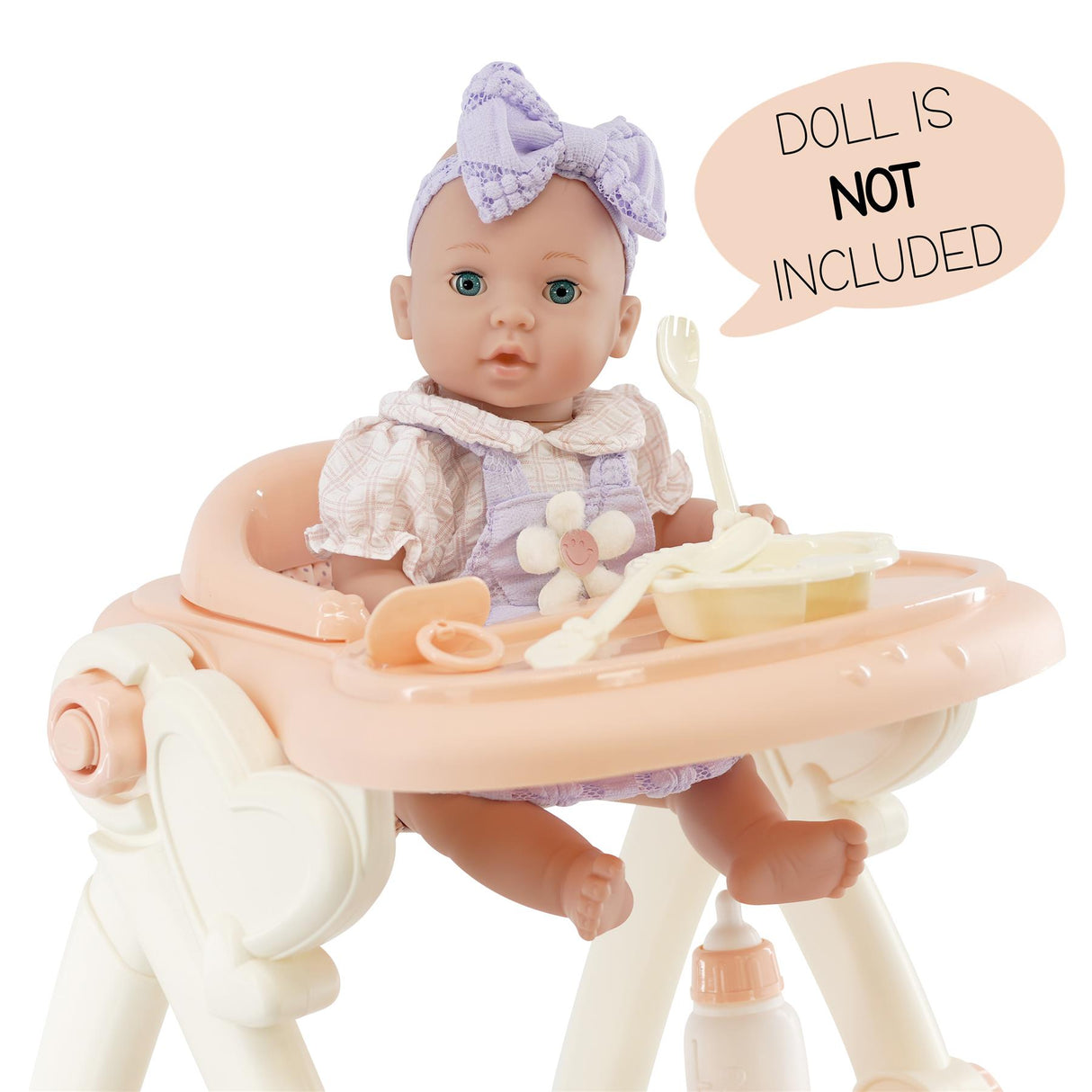 "A pink doll in a high chair with feeding accessories, accompanied by a banana." - UKBuyZone