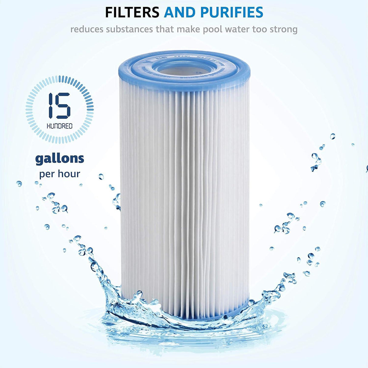 The cylindrical white filter cartridge rests partially submerged in blue water splashes.