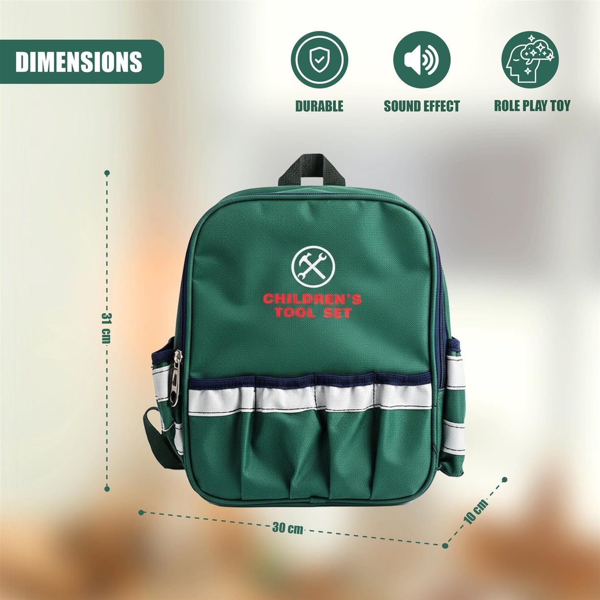 A green children's backpack with a white and blue stripe at the bottom, featuring a white logo with a hammer and a wrench crossed in a circle, and the words "Children's Tool Set" in red and white. - UKBuyZone