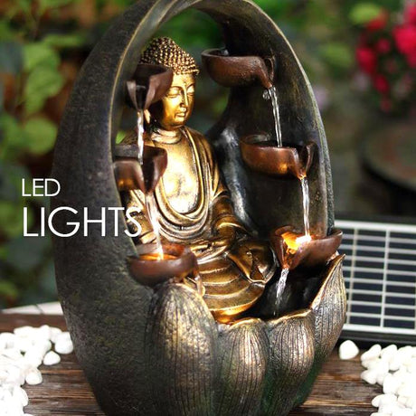 Golden Buddha Solar Water Feature Outdoor With LED by GEEZY - UKBuyZone