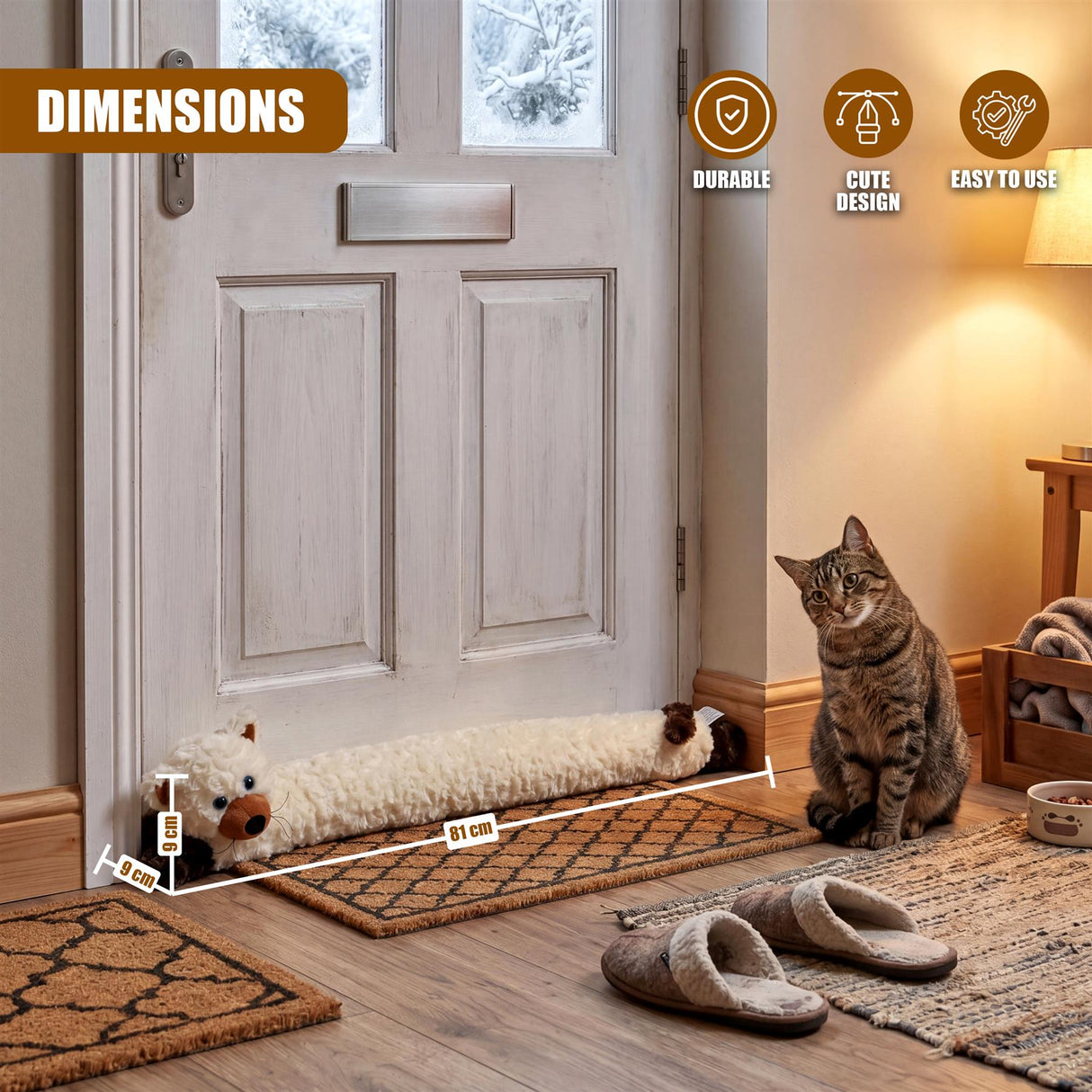 Cat-shaped draught excluder rests on the floor of a light door, positioned near a sitting tabby cat.