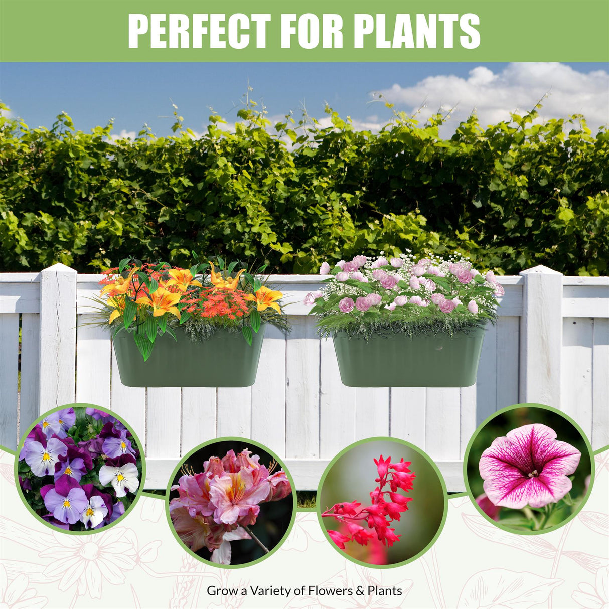 A colorful display of garden plants in a tiered hanging planter, placed against a fence and set against a clear sky. - UKBuyZone