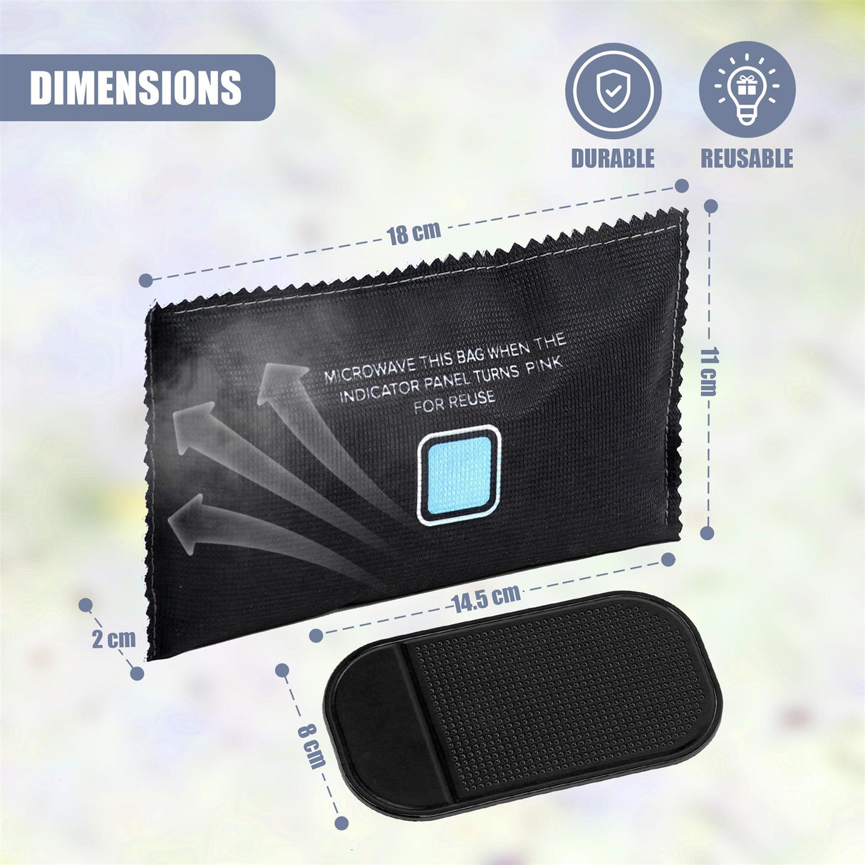 Illustration displaying the dimensions of two black dehumidifier bags and usage instructions.