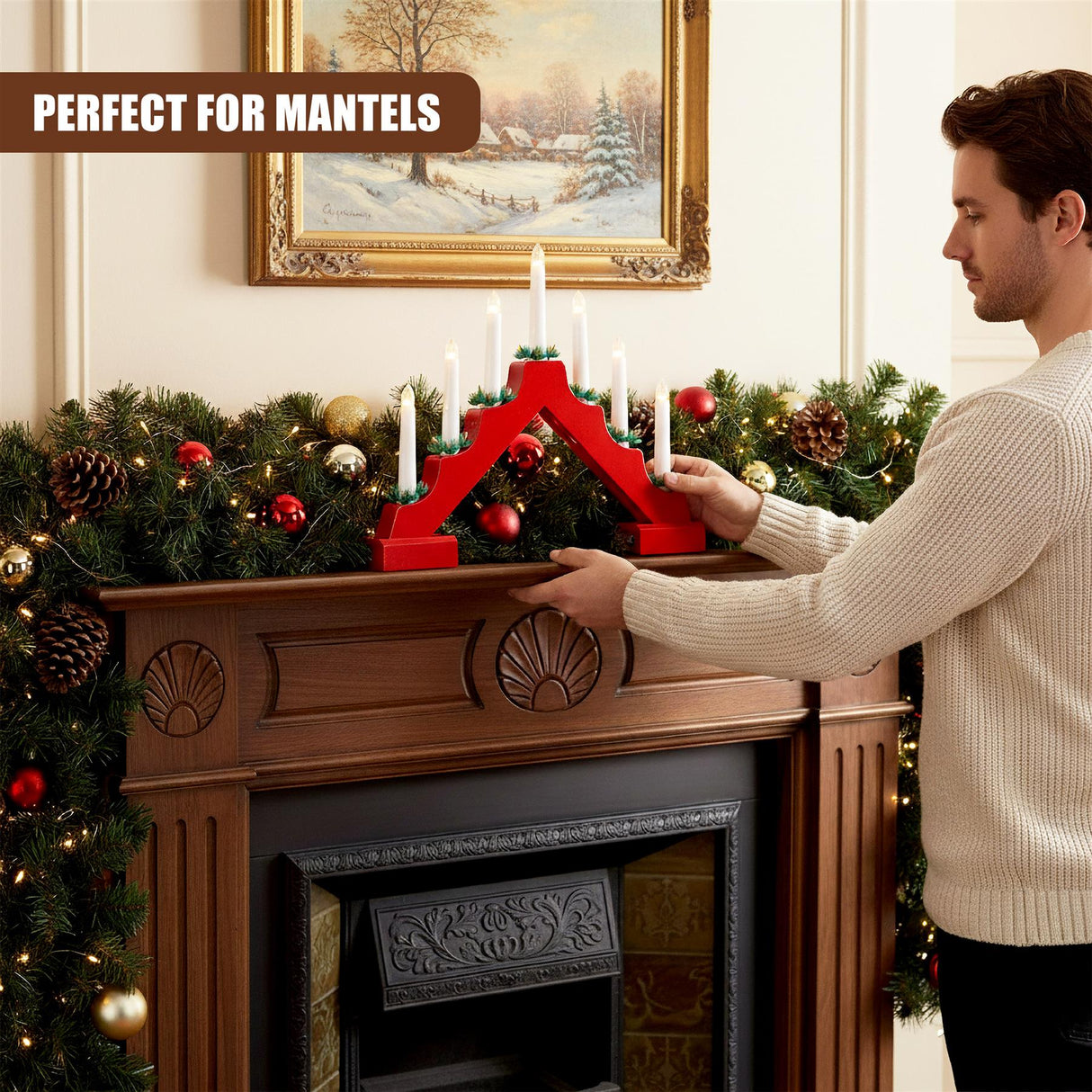 Red Wooden Candle Bridge with 7 LED Lights