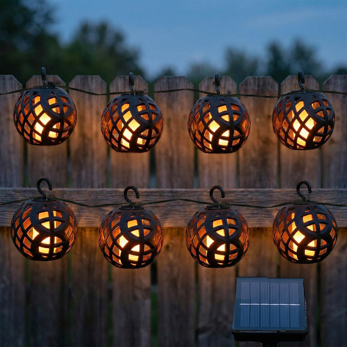 Four rattan solar string lights hang in two rows across a weathered wooden fence at dusk.