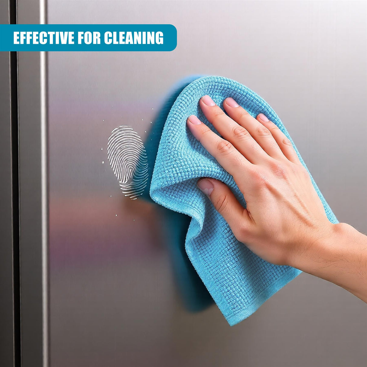 A hand wipes a reflective surface using a textured, bright blue microfiber cleaning cloth.