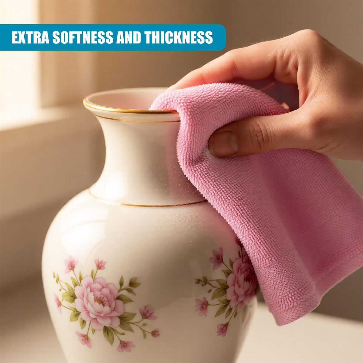 A hand holds a pink cloth over a white ceramic vase featuring painted floral decorations.