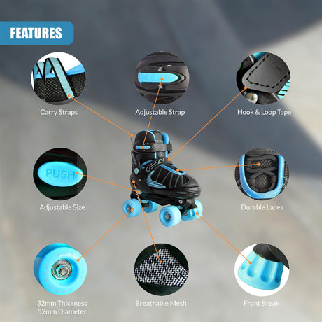 Adjustable Black & Blue Quad Roller Skates for Kids by The Magic Toy Shop - UKBuyZone